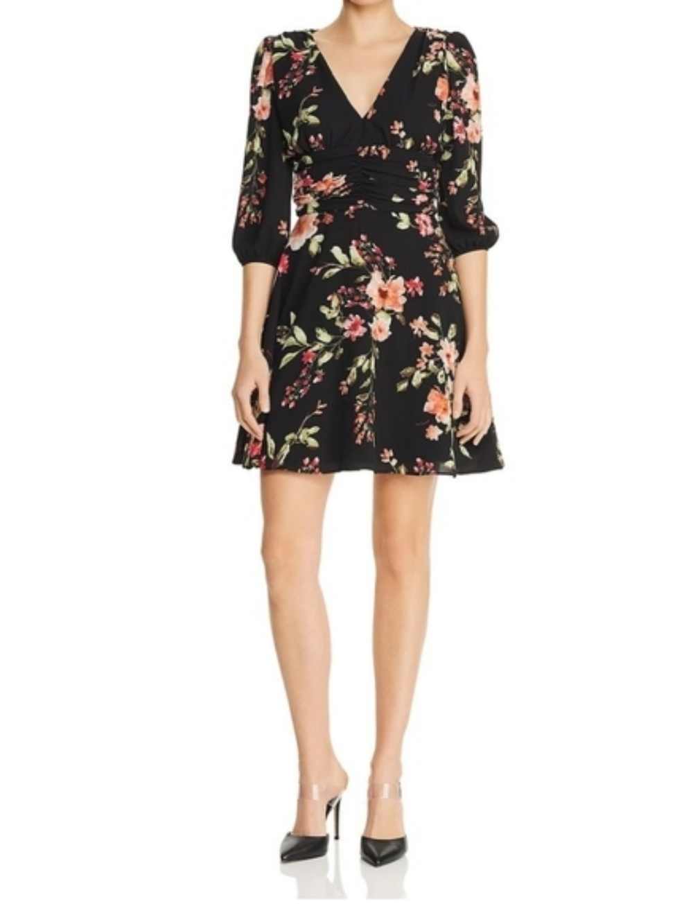 Aqua Black Floral V-Neck Mini Dress Large 3/4 Sleeve Garden Party